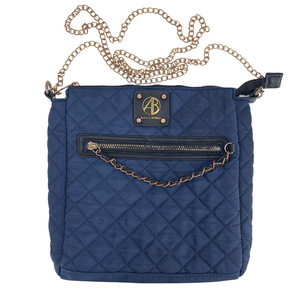 Alexis Bendel Navy Blue Quilted Nylon Crossbody‎ Bag Gold Chain Strap